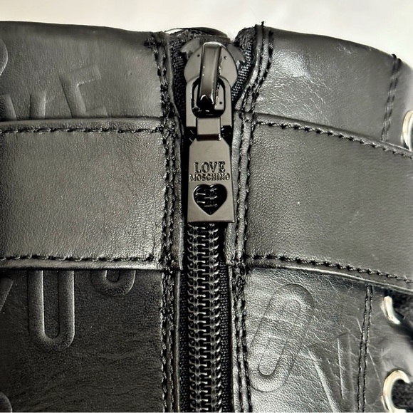 LOVE MOSCHINO Black Leather Moto Biker Boots--NEW--7 - Picture 10 of 15